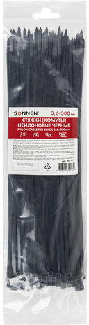 Стяжка (хомут) нейлоновая сверхпрочная POWER LOCK, 3,6x300 мм, КОМПЛЕКТ 100 шт., черная, SONNEN, 607917