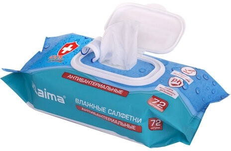Салфетки влажные 72 шт., АНТИБАКТЕРИАЛЬНЫЕ с пластиковым клапаном, LAIMA "Antibacterial", 129997