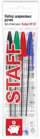 Ручки шариковые НАБОР 4 ЦВЕТА STAFF "Basic Budget BP-02", письмо 500 м, длина корпуса 13,5 см, линия письма 0,5 мм, 143762