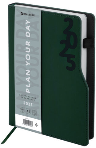 Ежедневник датированный 2025, А5, 150x213 мм, BRAUBERG "Up", под кожу, софт-тач, держатель для ручки, зеленый, 115841