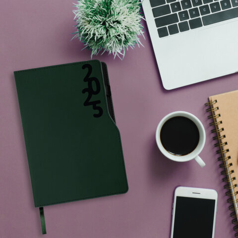 Ежедневник датированный 2025, А5, 150x213 мм, BRAUBERG "Up", под кожу, софт-тач, держатель для ручки, зеленый, 115841