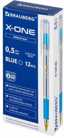 Ручка шариковая с грипом BRAUBERG "X-ONE", СИНЯЯ, корпус прозрачный, узел 0,5 мм, линия письма 0,35 мм, 143985