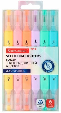 Набор текстовыделителей двусторонних (скошенный/кисть) 6 ПАСТЕЛЬНЫХ ЦВЕТОВ, АССОРТИ, BRAUBERG TIP-D, трехгранный корпус, 152533
