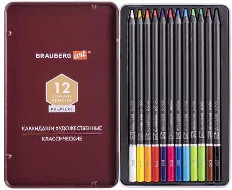 Карандаши художественные цветные BRAUBERG ART PREMIERE, 12 цветов, МЯГКИЙ грифель 4 мм, металл, 181540