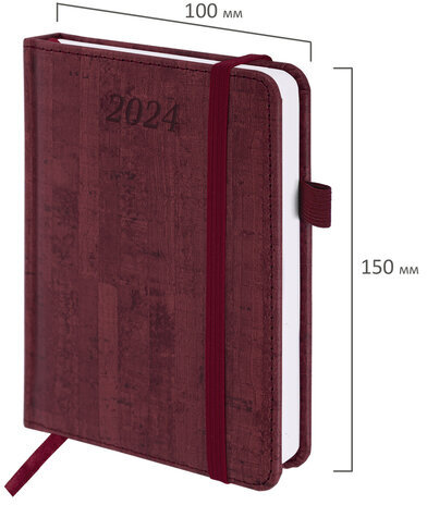 Ежедневник датированный 2024 МАЛЫЙ ФОРМАТ 100х150 мм А6, BRAUBERG "Wood", под кожу, бордовый, 114797