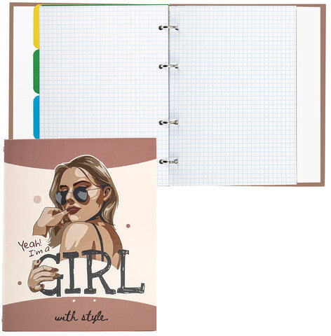 Тетрадь на кольцах А5 175х215 мм, 240 л., твердый картон, с разделителями, BRAUBERG, "Cool Girl", 404100