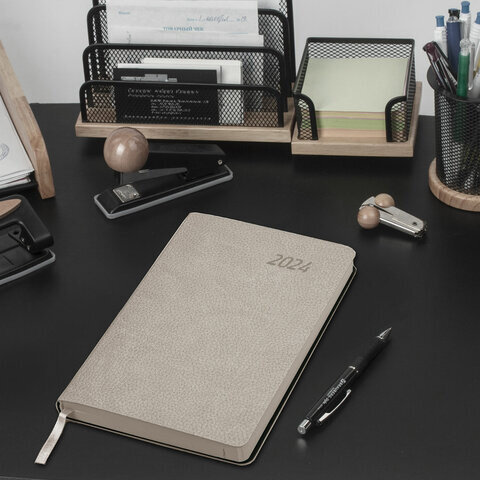 Ежедневник датированный 2024 А5 138x213 мм BRAUBERG "Stylish", под кожу, гибкий, бежевый, 114897