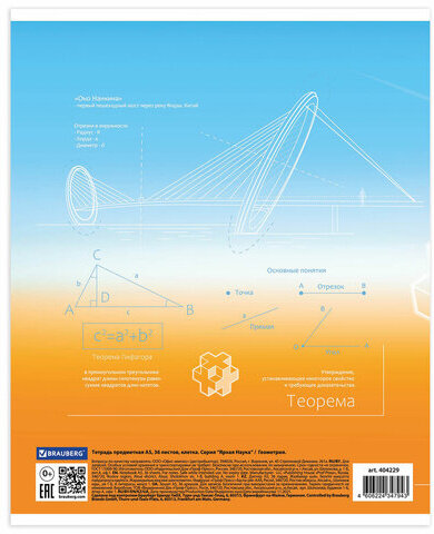 Тетрадь предметная "ЯРКАЯ", 36 л., обложка мелованная бумага, ГЕОМЕТРИЯ, клетка, BRAUBERG, 404229