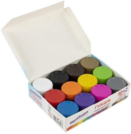 Гуашь ЮНЛАНДИЯ "ЮНЫЙ ВОЛШЕБНИК" 10+2 цвета (золотистый+серебристый) по 20 мл, 191517