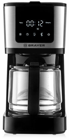Кофеварка капельная BRAYER BR1125, 900 Вт, объем 1,25 л, LED-дисплей, термокружка в ПОДАРОК, черная