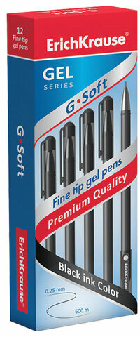 Ручка гелевая ERICH KRAUSE "G-Soft", ЧЕРНАЯ, корпус soft-touch, игольчатый узел 0,38 мм, линия письма 0,25 мм, 39207
