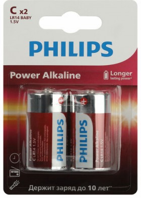Батарейки алкалиновые КОМПЛЕКТ 2 шт., PHILIPS Power Alkaline, C (LR14, 14А), блистер, Б0062687