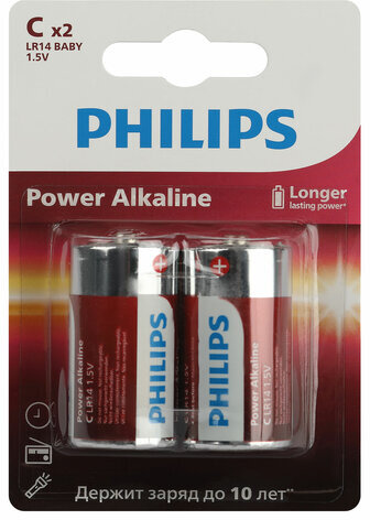 Батарейки алкалиновые КОМПЛЕКТ 2 шт., PHILIPS Power Alkaline, C (LR14, 14А), блистер, Б0062687