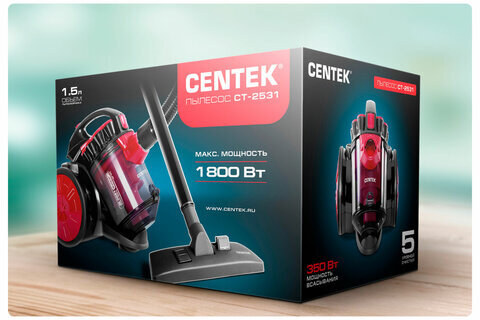 Пылесос CENTEK CT-2531 с контейнером "циклон", 1800 Вт, мощность всасывания 350 Вт, черный/красный