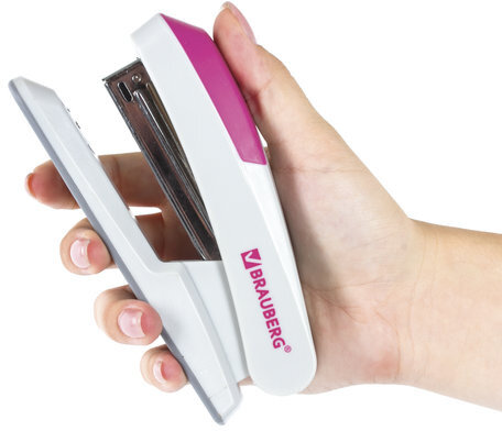 Степлер №24/6, 26/6 BRAUBERG "Delta", до 20 листов, с резиновой накладкой, серый, розовая вставка, 222557