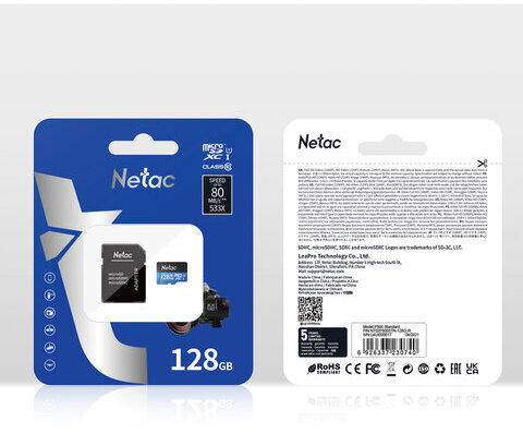 Карта памяти microSDXC 128 ГБ NETAC P500 Standard, UHS-I U1, 90 Мб/с (class 10), адаптер, NT02P500STN-128G-R
