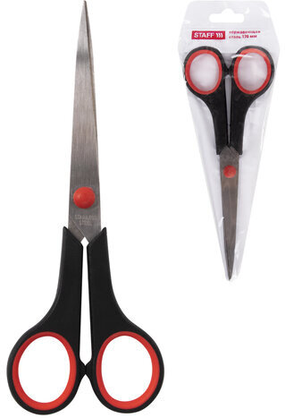Ножницы STAFF EVERYDAY, 170 мм, бюджет, резиновые вставки, черно-красные, ПВХ чехол, 237498