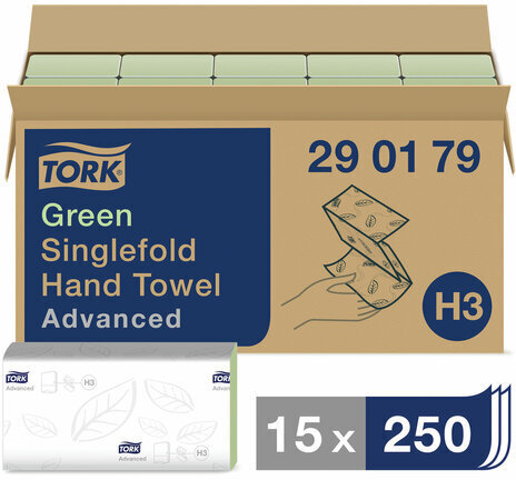 Полотенца бумажные, 250 шт., TORK (Система H3) Advanced, комплект 15 шт., 2-слойные, зеленые, 25х23, ZZ(V), 290179