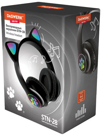 Наушники беспроводные игровые накладные, с ушками, светящиеся, черные DASWERK STN-28, 513803