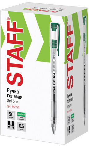 Ручка гелевая STAFF "Basic" GP-789, ЗЕЛЕНАЯ, корпус прозрачный, хромированные детали, узел 0,5 мм, линия письма 0,35 мм, 142791