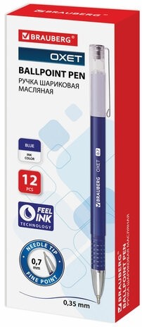 Ручка шариковая масляная BRAUBERG "Oxet", СИНЯЯ, корпус синий, игольчаиый узел 0,7 мм, линия письма 0,35 мм, 143002