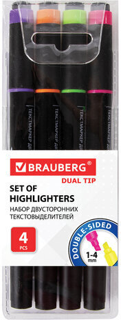 Набор текстовыделителей двусторонних BRAUBERG 4 шт., АССОРТИ, линия 1-4 мм, 150845