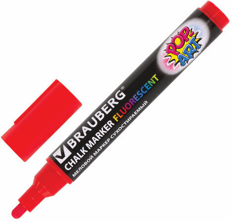 Маркер меловой "POP-ART" КРАСНЫЙ, 5 мм, стираемый, для гладких поверхностей, BRAUBERG, 151529