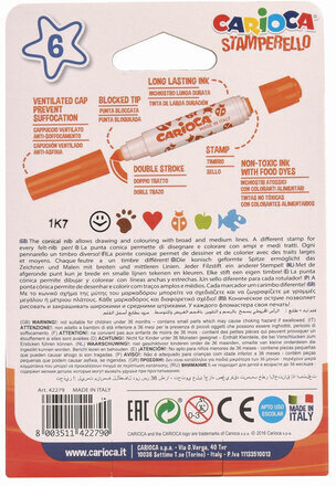 Фломастеры-штампы двусторонние CARIOCA (Италия) "Stamperello", 6 цветов, смываемые, 42279