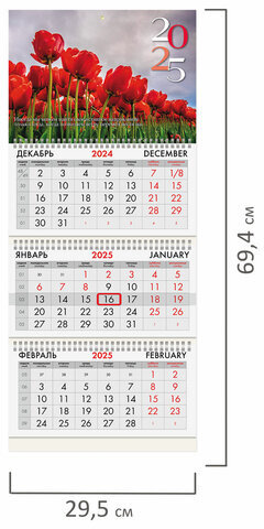 Календарь квартальный на 2025 г., 3 блока, 3 гребня, с бегунком, офсет, BRAUBERG, "Тюльпаны", 116109