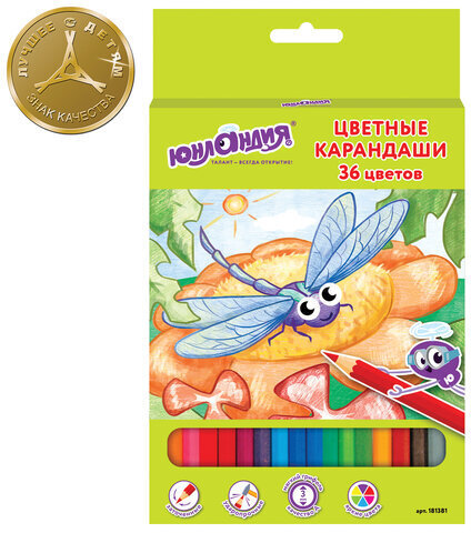 Карандаши цветные ЮНЛАНДИЯ "В ГОСТЯХ У БУКАШЕК", 36 цветов, классические заточенные, 181381