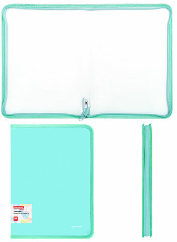 Папка объемная на молнии пластиковая BRAUBERG PASTEL, А4, 330х240 мм, 600 мкм, цвет мятный, 271973