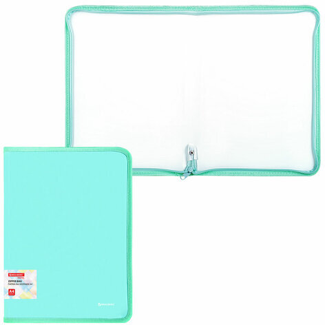 Папка объемная на молнии пластиковая BRAUBERG PASTEL, А4, 330х240 мм, 600 мкм, цвет мятный, 271973