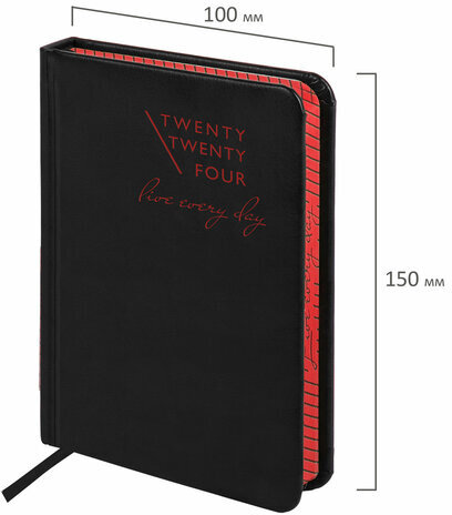Ежедневник датированный 2024 МАЛЫЙ ФОРМАТ 100х150 мм А6, BRAUBERG "Chameleon", под кожу, черный/красный, 114798