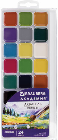 Краски акварельные BRAUBERG &quot;АКАДЕМИЯ&quot; 24 цвета, медовые, квадратные кюветы, пластиковый пенал, 191522