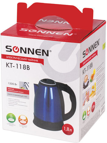 Чайник SONNEN KT-118B, 1,8 л, 1500 Вт, закрытый нагревательный элемент, нержавеющая сталь, синий, 452927