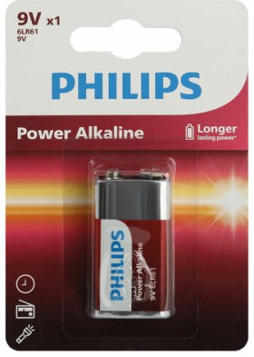 Батарейка алкалиновая 1 шт. PHILIPS Power Alkaline, Крона 9V (6LR61, 6LF22, 1604A), блистер, Б0062717