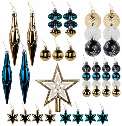 Шары ёлочные НАБОР 44 предмета, "Aurora", бирюзовый/золото, пластик, ЗОЛОТАЯ СКАЗКА, 592173