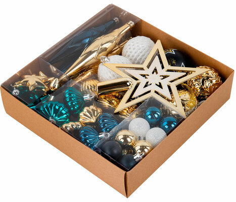 Шары ёлочные НАБОР 44 предмета, "Aurora", бирюзовый/золото, пластик, ЗОЛОТАЯ СКАЗКА, 592173