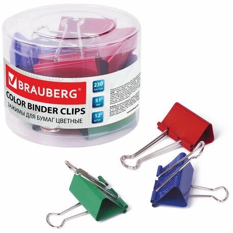 Зажимы для бумаг BRAUBERG, КОМПЛЕКТ 12 шт., 51 мм, на 230 листов, цветные, в пластиковом цилиндре, 221131