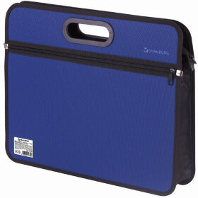 Сумка пластиковая BRAUBERG, А4+, 390х315х70 мм, на молнии, внешний карман, фактура бисер, синяя, 225167