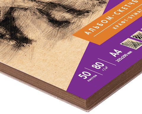 Скетчбук, крафт-бумага 80 г/м2, 205х290 мм, 50 л., гребень, жёсткая подложка, BRAUBERG ART DEBUT, 110982