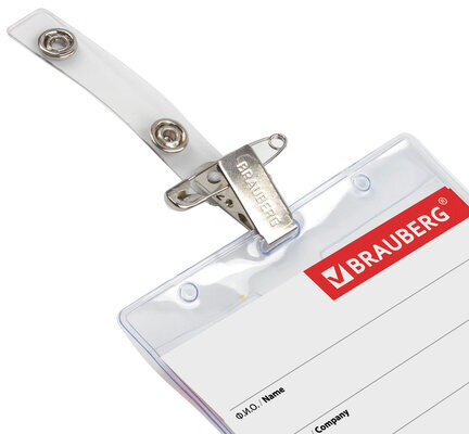 Бейдж горизонтальный (60х90 мм), с клипсой и булавкой, мягкий, BRAUBERG, 235711