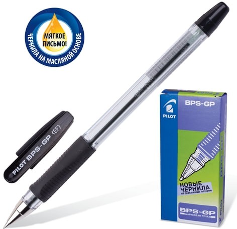Ручка шариковая масляная с грипом PILOT "BPS-GP", ЧЕРНАЯ, корпус прозрачный, узел 0,5 мм, линия письма 0,25 мм, BPS-GP-EF, BPS-GP-ЕF