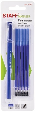Ручка стираемая гелевая STAFF "Manager" EGP-656, СИНЯЯ, + 5 сменных стержней, линия письма 0,35 мм, 143657