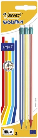 Карандаши чернографитные BIC Evolution "Stripes", НАБОР 3 шт., HB, с ластиком, блистер, 8902781