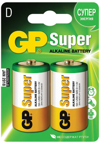 Батарейки GP Super, D (LR20, 13А), алкалиновые, КОМПЛЕКТ 2 шт., блистер, 13A-2CR2