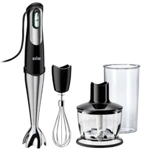 Блендер погружной BRAUN MQ735, мощность 750 Вт, 10 скоростей, 2 насадки, измельчитель 0,5 л, черный