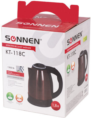 Чайник SONNEN KT-118С, 1,8 л, 1500 Вт, закрытый нагревательный элемент, нержавеющая сталь, кофейный, 452928
