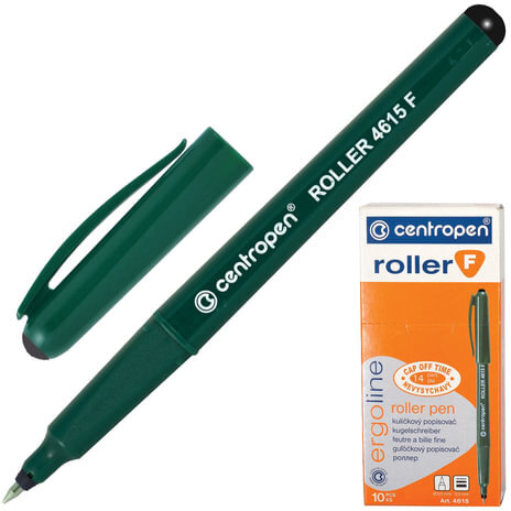 Ручка-роллер CENTROPEN, ЧЕРНАЯ, трехгранная, корпус зеленый, узел 0,5 мм, линия письма 0,3 мм, 4615, 3 4615 0112
