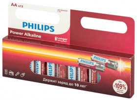 Батарейки алкалиновые &quot;пальчиковые&quot; КОМПЛЕКТ 12 шт., PHILIPS Power Alkaline, АА (LR6, 24А), блистер, Б0064661